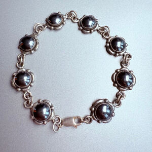 Vintage Modernist Hematite Round Cosmic Panel Sterling Silver 925 Bracelet MCM